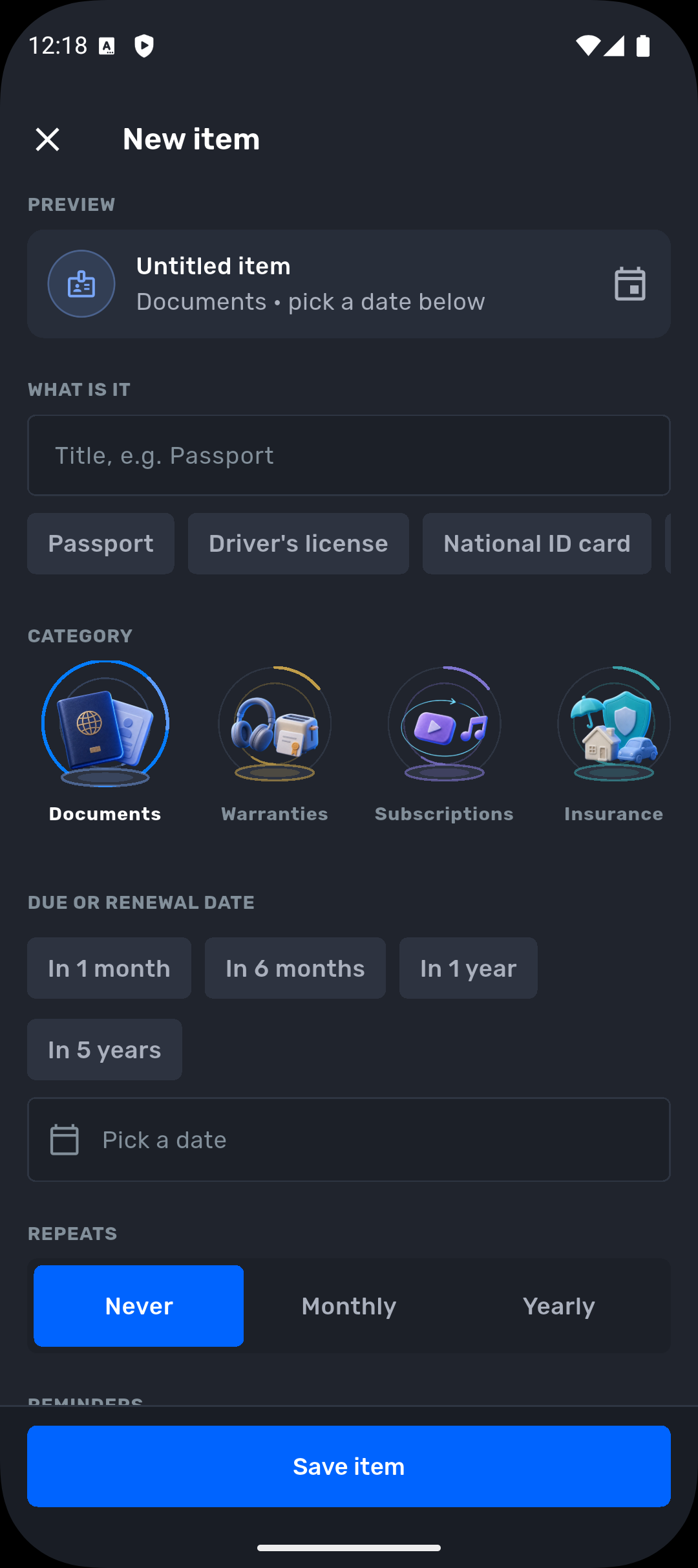 Add item form with categories and date shortcuts