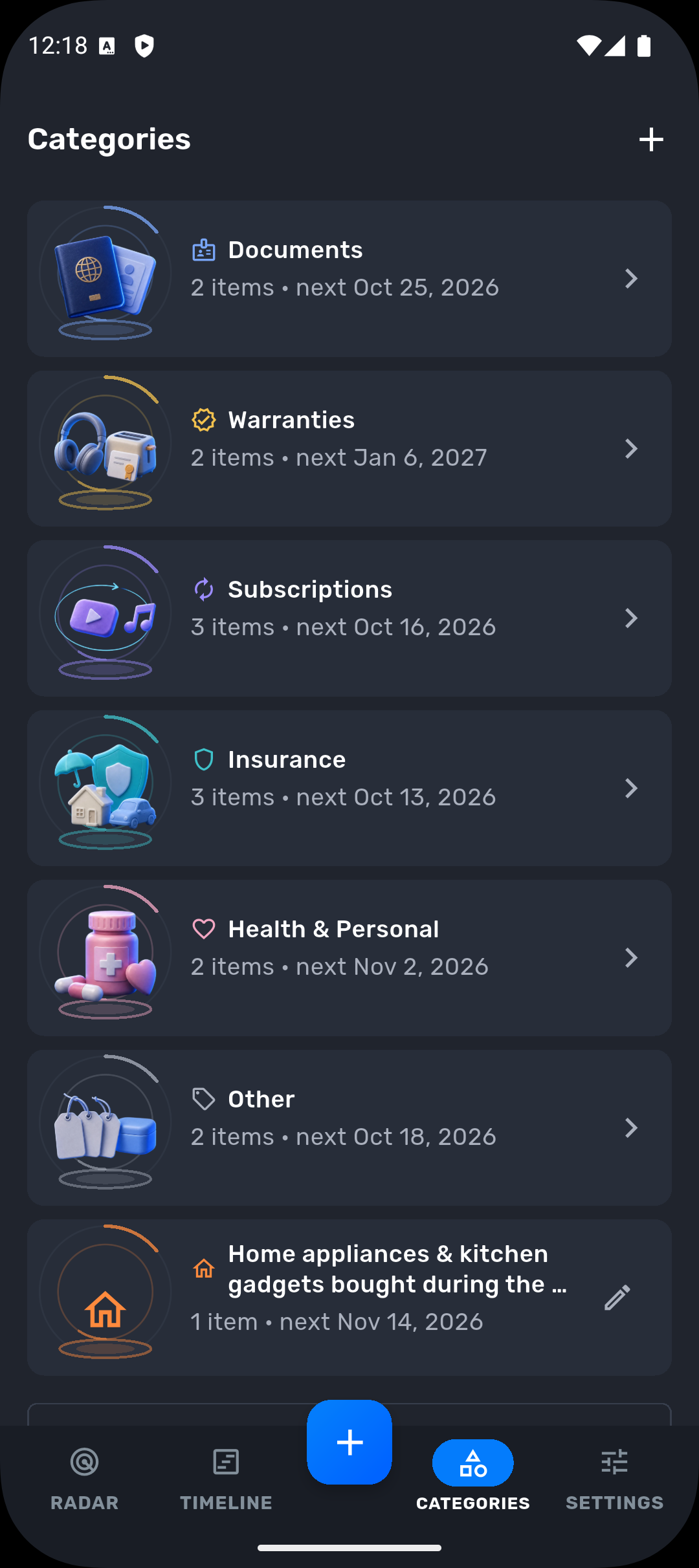 Categories screen with item counts and next due dates