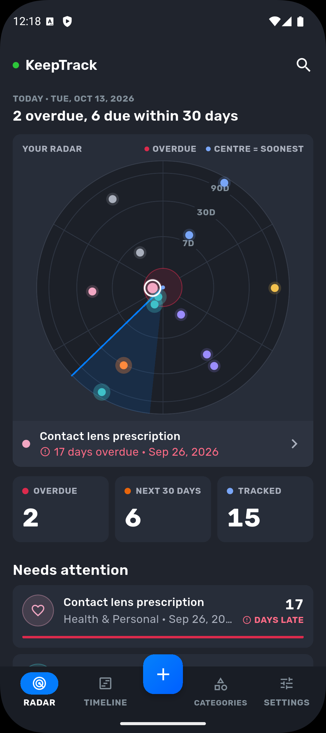 KeepTrack radar screen showing tracked items placed by how soon they are due